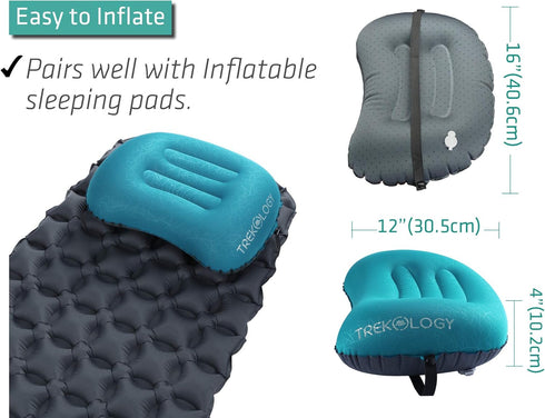TREKOLOGY Ultralight Inflatable Camping Travel Pillow - ALUFT 2.0 Compressible Ergonomic Pillow for Support