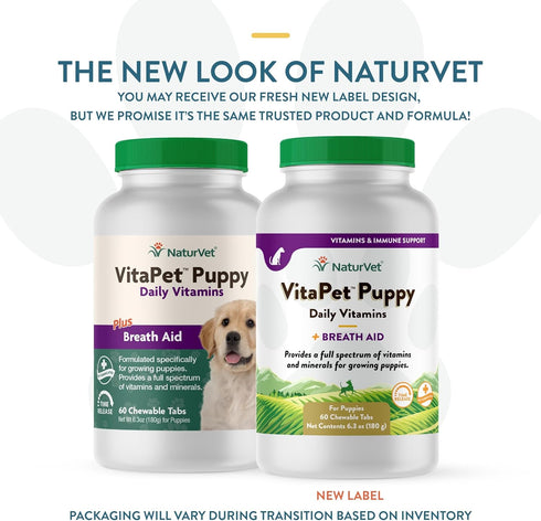 NaturVet VitaPet Puppy Daily Vitamins Plus Breath Aid for Puppies, 60 ct Time Release, Chewable Tablets, Made in The USA with Globally Source Ingredients