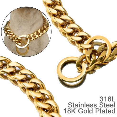 Heavy Duty Dog Chain Collar, Choke Collar, 14K Gold Plated Stainless Steel, 19MM, 22"