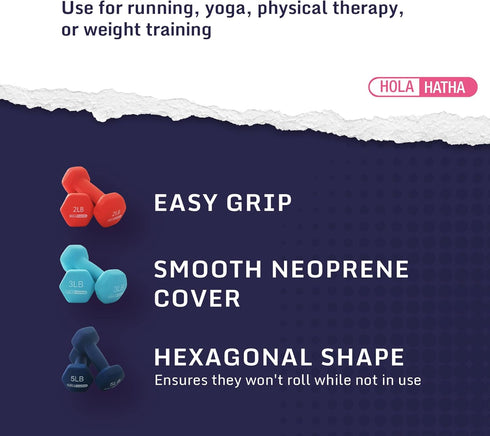 HolaHatha Neoprene Dumbbell Set - 2, 3, 5, 8, and 10 Pound Free Hand Weights with Rack for Home Exercises, Pastel