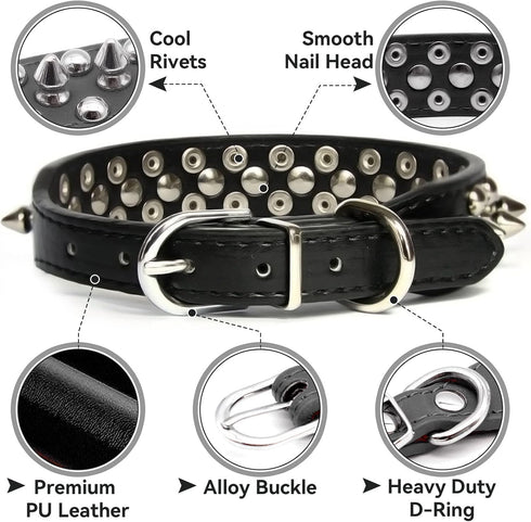 Spiked Dog Cat Collar, Male Black Soft Leather Spike Puppy Collars Adjustable for Small Medium Large Dogs Chihuahua