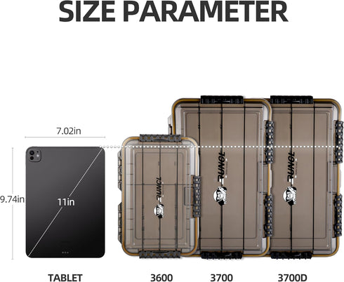 RUNCL Fishing Tackle Box, Waterproof 3600 3700 Tray with Adjustable Dividers for Freshwater