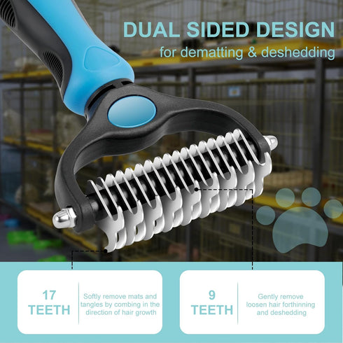 Pet Grooming Brush - Double Sided Undercoat Rake for Dogs & Cats, Professional Deshedding Brush for Removing Knots
