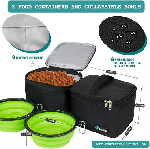 PetAmi Dog Travel Bag - Organizer with Food Container, Bowls & Accessories for Weekend Camping, Cat Diaper Bag (Black