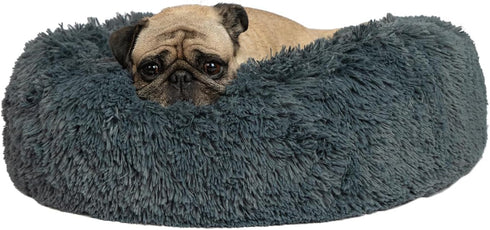 Best Pet Supplies Round Donut Dog Bed with Plush Faux Fur Fabric, Calming Cushion for Indoor Pets, Gray, 24x24x7''