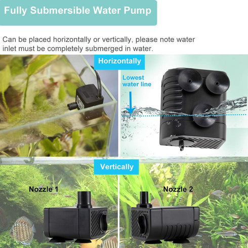 hygger Ultra Quiet 53GPH Submersible Mini Water Pump, 2 Nozzles for Aquariums, Fish Tank, Fountain, Hydroponics, 120V