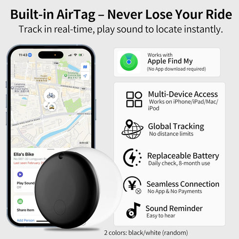 3-in-1 105dB IP65 NUNET Brake Light Bike Locator GPS AirTag Anti-Theft Smart Tail Light with Tracker, Alarm, Hidden