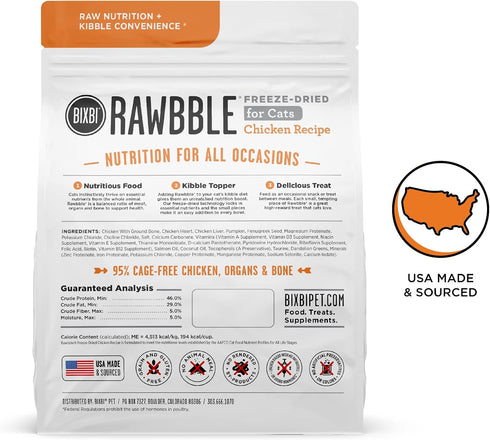 BIXBI Rawbble Freeze Dried Cat Food, Chicken Recipe, 3.5 oz, 95% Meat and Organs, USA Made
