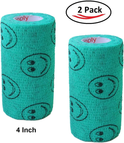 Vet Wrap Tape (Teal with Smiles) (2 Pack) (2 Inch x 15 feet) Self-Adhesive Cohesive Flex Bandage for Pets