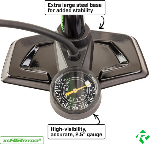 REVERE XLAIRATOR 5 Bike Floor Pump: 160 PSI, Fits Presta & Schrader Valve, Large Gauge, Extended Reach Hose for Bikes &