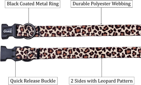 Dog Collar Leash Set, Adjustable Leopard Pattern for Puppy Dogs, Polyester Material (XS, Light Coffee Leopard)