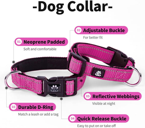 IVY&LANE Reflective Dog Collar and Leash Set, Breathable Nylon Pet Collar, Adjustable Neoprene Padded for Small Medium