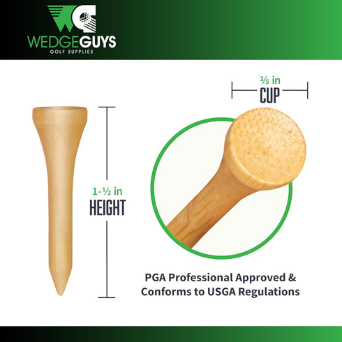 Wedge Guys Bamboo Golf Tees 1-1/2, 2-3/4 & 3-1/4" (100, 250, 500 or 1000 pcs, Free Ball Marker, Stronger Than Wood