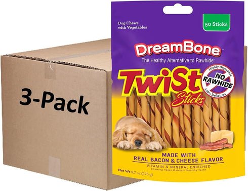 Dreambone Twist Sticks, 50 Count, Rawhide-Free Chews with Real Bacon and Cheese Flavor (3 Pack)