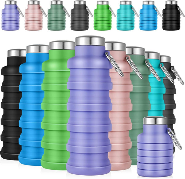 Lallisa 8 Pcs Collapsible Water Bottle - Reusable Silicone Foldable 17 oz Sports Water Bottle with Carabiner
