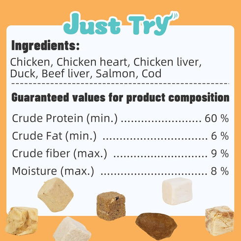 16OZ Just Try Freeze-Dried Dog Treats Mixed Flavors for Dogs & Cats Raw Single Ingredient Chicken,Salmon, Beef