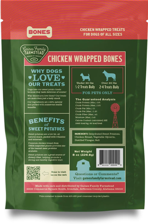 8 oz Gaines Family Farmstead Chicken Wrapped Sweet Potato Dog Bones - Bag, Natural, Grain-Free Dog Treats for All Ages