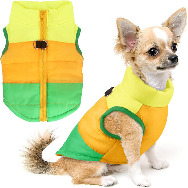 Idepet Pet Dog Cat Coat with Leash Anchor, Color Patchwork Padded Vest Jacket, XS S M L, Green