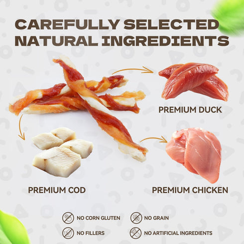 10.58oz Triple Flavor Dog Jerky Treats, Real Chicken Duck and Cod Twist Strips Dog Training Treats Snacks Healthy