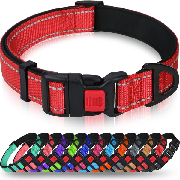 Taglory Reflective Dog Collar with Safety Locking Buckle, Adjustable Nylon Pet Collars for Medium Dogs (Red, M)