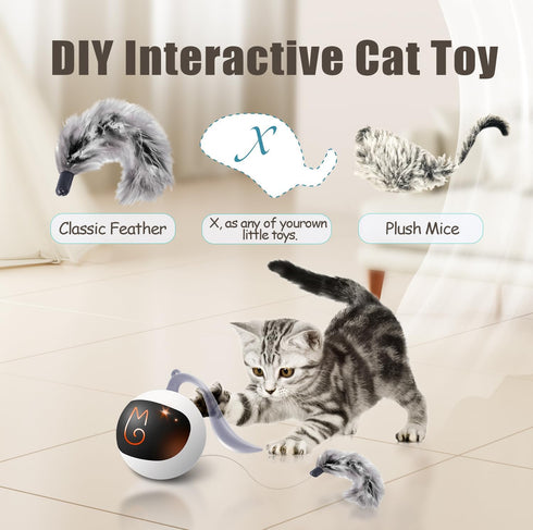 Migipaws Interactive Cat Ball Toy Set, Automatic Rolling Chase Ball with Fluffy Tail, Rechargeable (White)