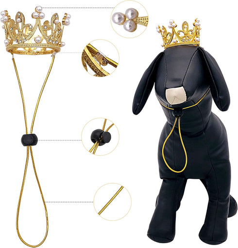 PET SHOW 2pcs Small Dog Crown Headband, Silver Gold Rhinestone Faux Pearl Crown for Birthday Party, Wedding Costume