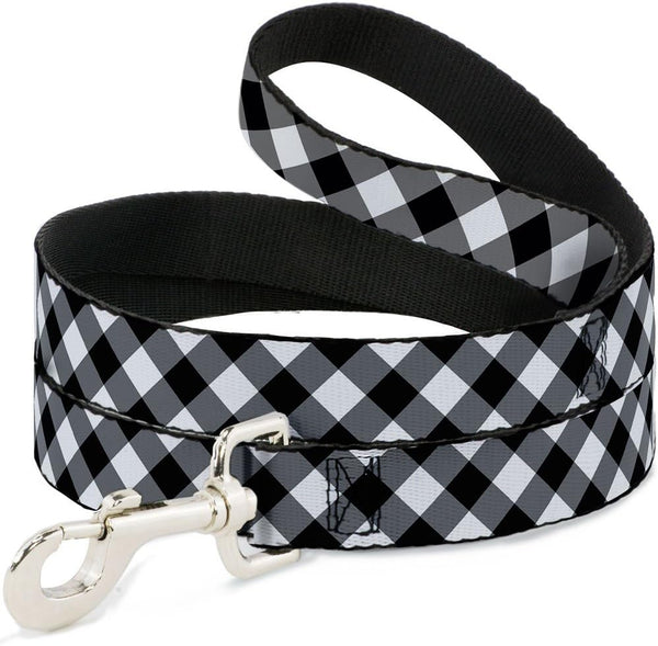 Buckle-Down Dog Leash Diagonal Buffalo Plaid Black White, 6 Feet Long, 1" Wide, Available in Different Lengths