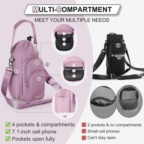 4 24oz/32oz/40oz Water Bottle Holder with Strap, Big Pockets with Compartment, Crossbody Water Bottle Carrier Bag