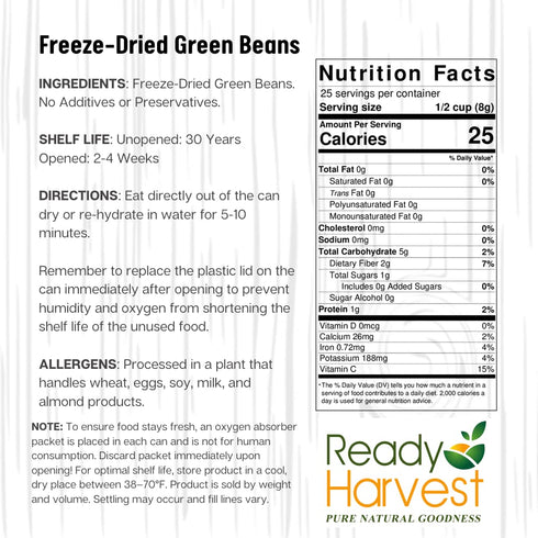 #10 25-Year Ready Harvest Freeze Dried Food - Green Beans | Emergency Food | Camping Vegetables | Can | Shelf Life |