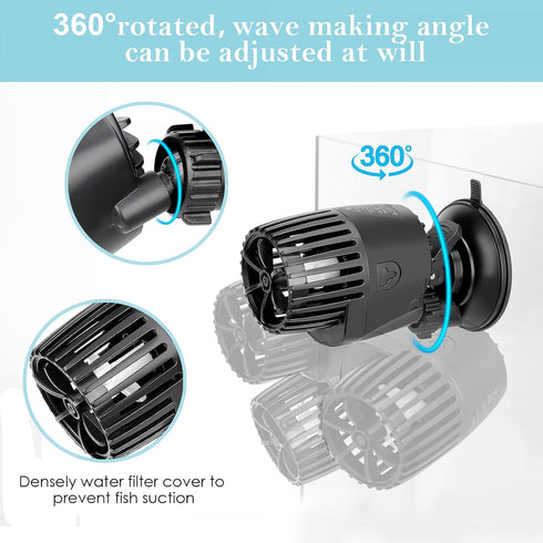 AQQA Aquarium Wave Maker, 3W/5W/10W/15W Suction Cup Fish Tank Pump, Ultra Quiet Submersible Circulation