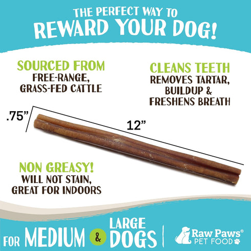 Raw Paws Jumbo Bully Sticks for Dogs, 12 inch, 5-ct - Extra Large, Long Lasting Chews from Free Range Cows