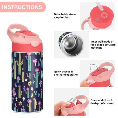 Wfrish 12 oz Cactus Flower Kids Water Bottle with Straw Lid Insulated Stainless Steel Travel Tumbler BPA-Free Pink
