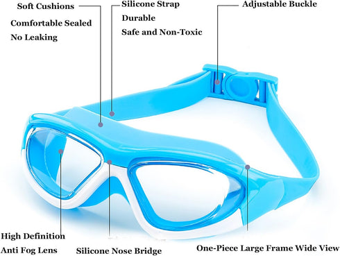 Swim Goggles for Kids (3-15 Years Old), Waterproof Swimming Goggles, Large Frame UVA/UVB for Boys and Girls