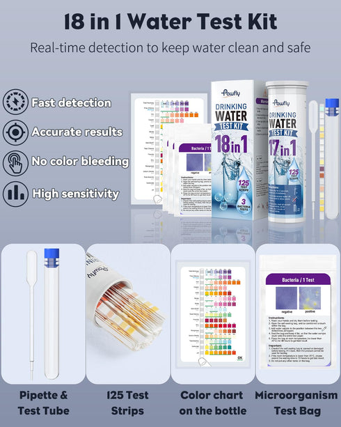 Pawfly 18 in 1 Drinking Water Test Kit, 125 Strips for Home Water Quality Testing in Aquarium, Spa, Pool, Tap Water