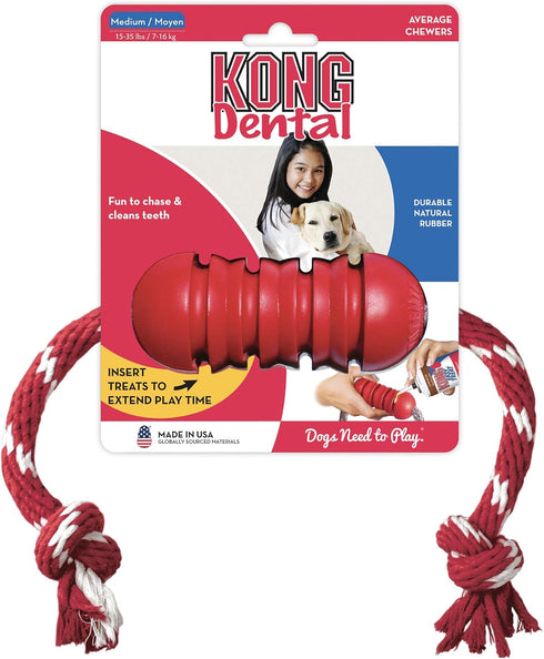 KONG Dental Chew Toy with Rope, Medium Dogs, Stuffable, Durable Natural Rubber, Cleans Teeth & Gums