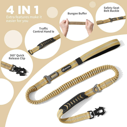 Heavy Duty Tactical Bungee Dog Leash, 4-6FT Shock Absorbing with 2 Padded Handles for Medium Large Dogs (Brown)