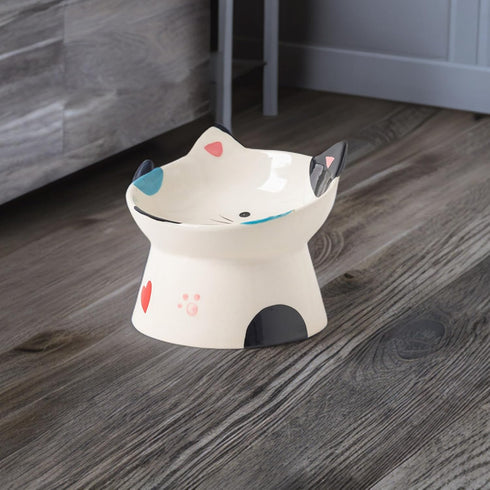 Cute Ceramic Raised Cat Bowls, Elevated Design, 15° Tilted Feeder for Flat Faced Cats, Kitten Small Dogs (Black)