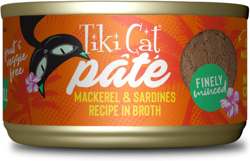 Tiki Cat Grill Pâté, Mackerel & Sardines, High-Protein Wet Cat Food for All Life Stages, 2.8 oz. Cans (Pack of 12)