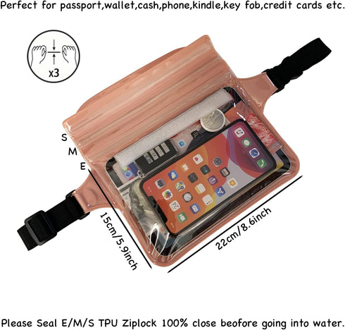 Waterproof Waist Pouch Dry Belt Bag Fanny Pack, Keep Your Key Fob Wallet Kindle Phone Dry for Swim Surf Snorkel (Pink)
