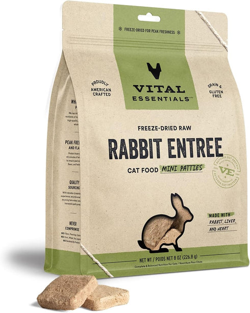 Vital Essentials Freeze Dried Raw Cat Food, Rabbit Mini Patties Entree, 8 oz