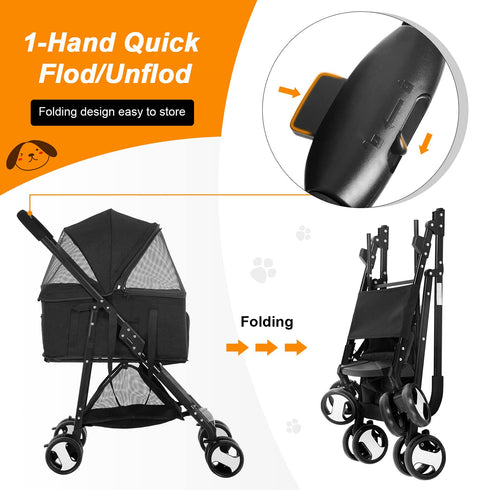 3-in-1 BestPet Pet Dog Stroller with Premium Multifunction & Detachable Carrier for Folding Lightweight Cat Travel