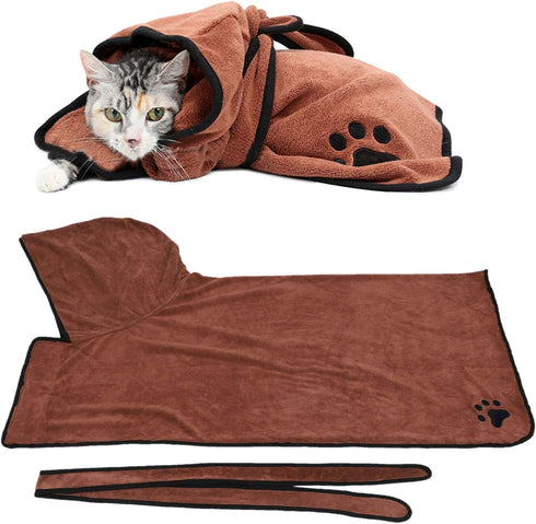 Dam Skerisi Water Absorbent Bathrobe for Dogs and Cats, Wearable Hooded Drying Bath Towel with Belt, Brown, Durably
