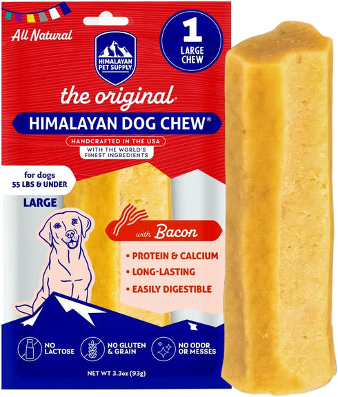 Himalayan Chew Original Yak Cheese Chew, Bacon Flavor, 1 Large Stick, 3.3 oz, Gluten Free, Healthy Treats for Dogs