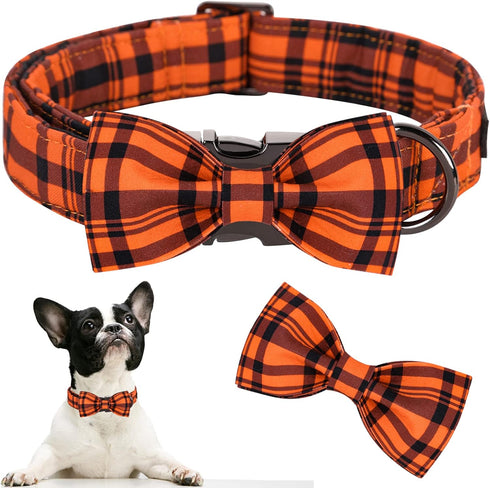 ARING PET Cute Fall Dog Collar with Bow, Adjustable Halloween Orange Grid Bowtie Collar for Small Medium Large Dogs