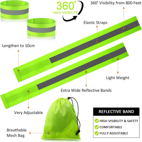 Reflective Running Gear Set - 2 Pieces LED Safety Lights and 4 Reflective Bands for Wrist, Arm, Ankle, Leg