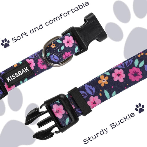KISSBAK Medium Dog Collar, Soft Adjustable Floral Design for Cute Girl Puppy Dogs (M, Floral)
