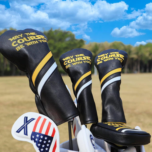 Golf Headcovers, Premium Leather Driver Fairway Wood Hybrid with Number Tags, May The Course Be with You Style
