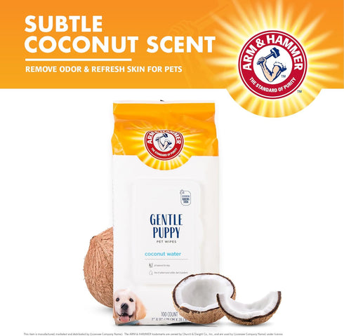 Arm & Hammer Gentle Puppy Bath Wipes, Coconut Water, 100 Count Pack of Pet Wipes