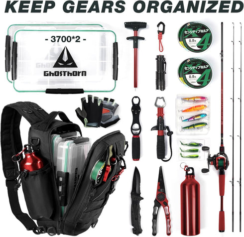 Ghosthorn Fishing Backpack Tackle Sling Bag with Rod Holder, Tackle Box Fly Fishing Gifts for Men Women