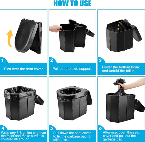 Portable Camping Toilet, Folding Toilet for Adults with Lid and Retractable Toilet Paper Holder, Waterproof Porta Potty
